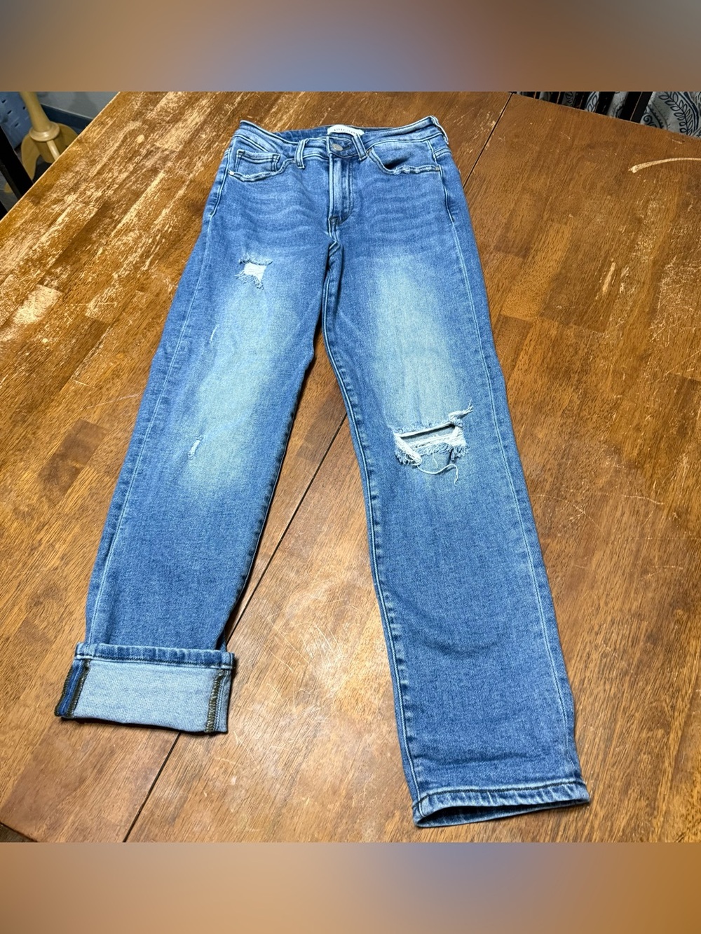 Risen Jeans Women’s 5/27 High Rise Straight Leg Distressed Medium Wash Denim